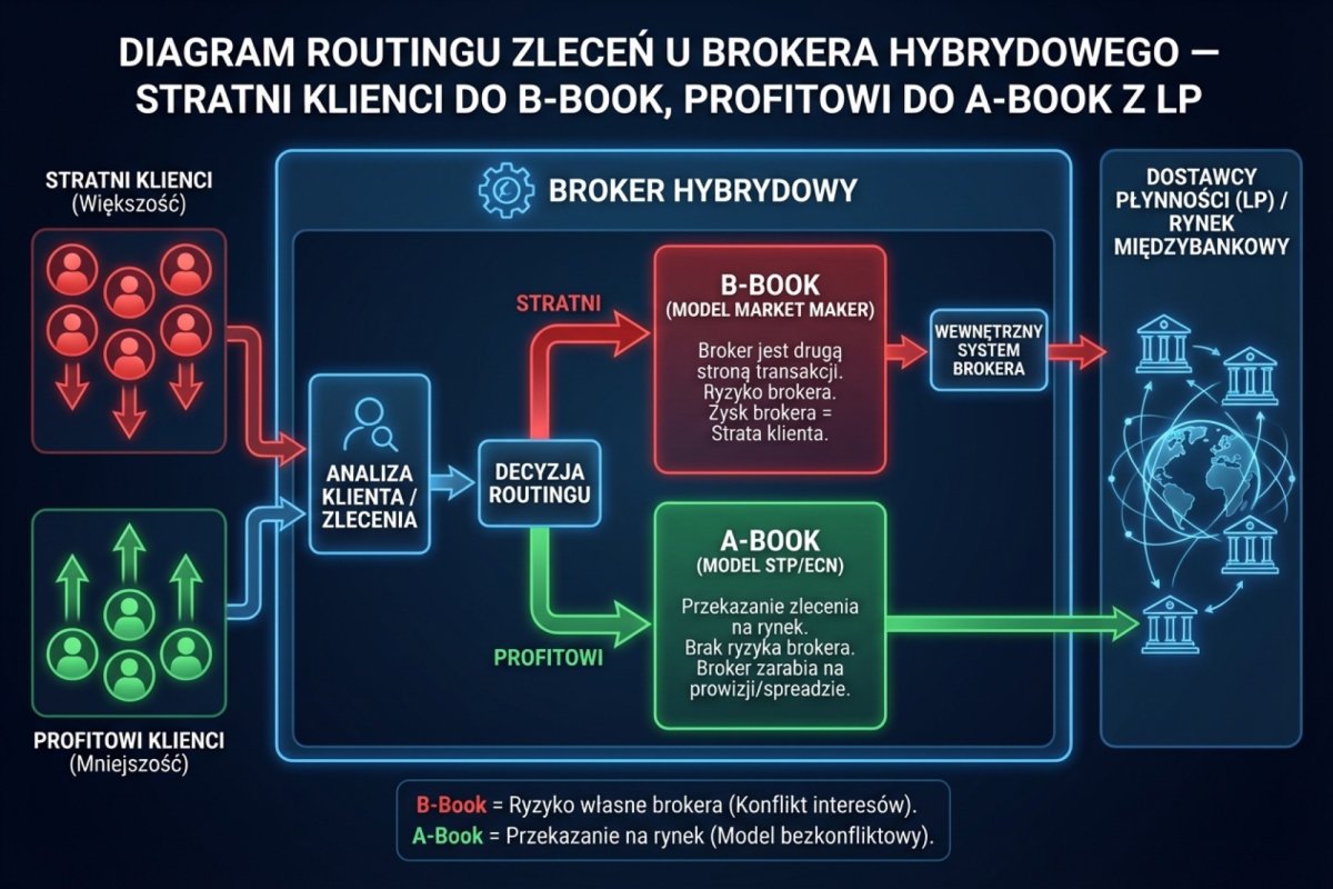 Diagram routingu zleceń u brokera hybrydowego — stratni klienci do B-Book, profitowi do A-Book z LP