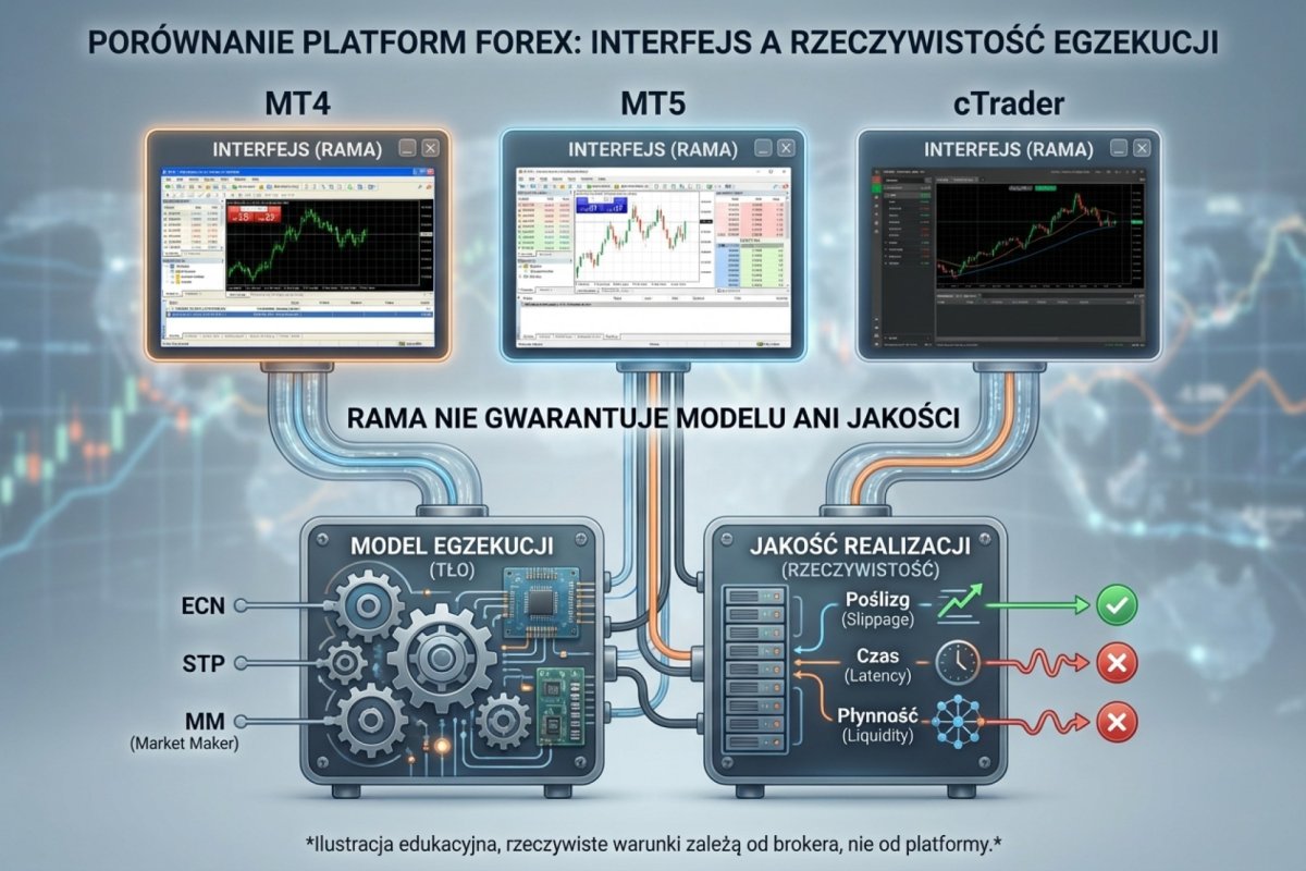 Porównanie platform MT4, MT5 i cTrader — interfejs to rama, nie gwarancja modelu egzekucji ani jakości realizacji zleceń