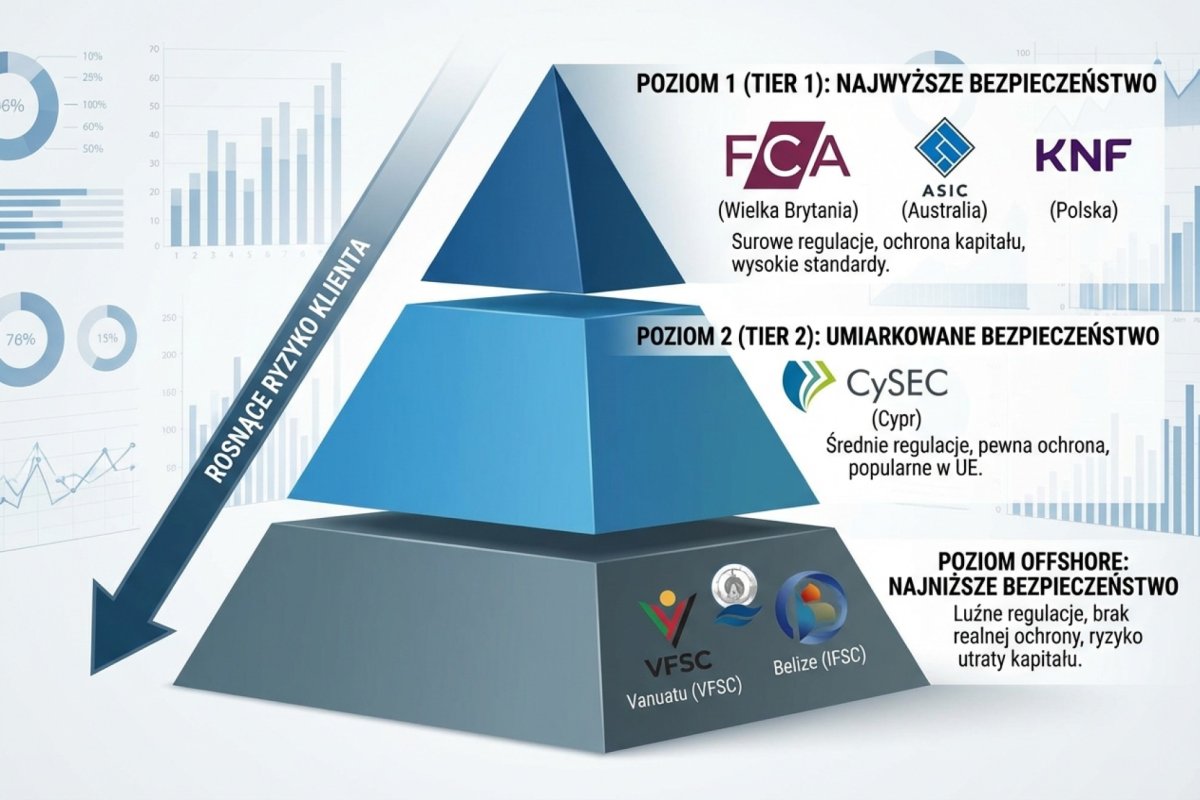 Piramida regulatorów brokerów Forex — tier 1 (FCA, ASIC, KNF) na szczycie, tier 2 (CySEC) pośrodku, offshore na dole z rosnącym ryzykiem klienta