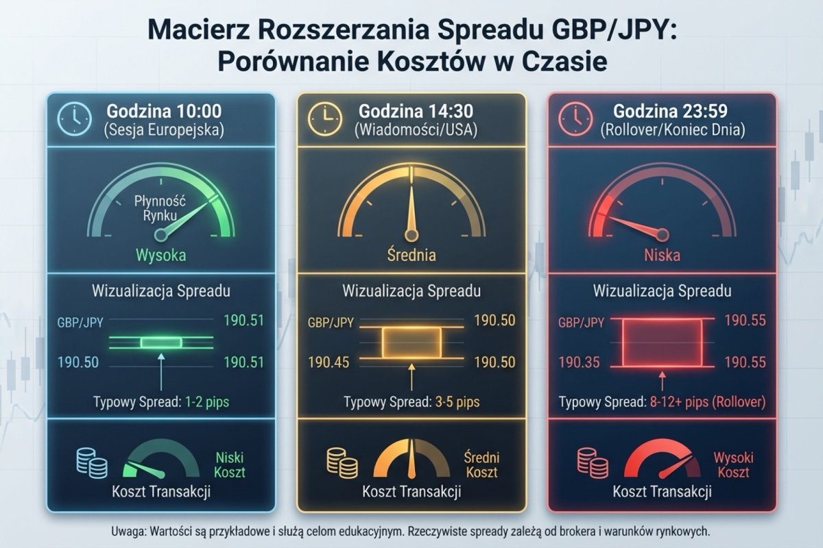 Macierz rozszerzania spreadu na GBP/JPY — porównanie kosztów w godzinach 10:00, 14:30 i 23:59