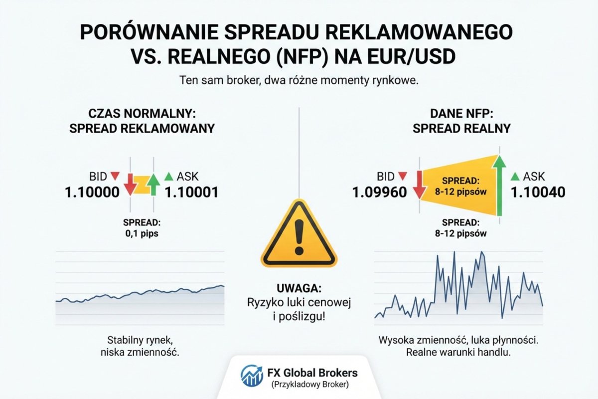 Porównanie spreadu reklamowanego (0,1 pips) vs spreadu realnego przy NFP (8-12 pipsów) na EUR/USD — ten sam broker, dwa różne momenty