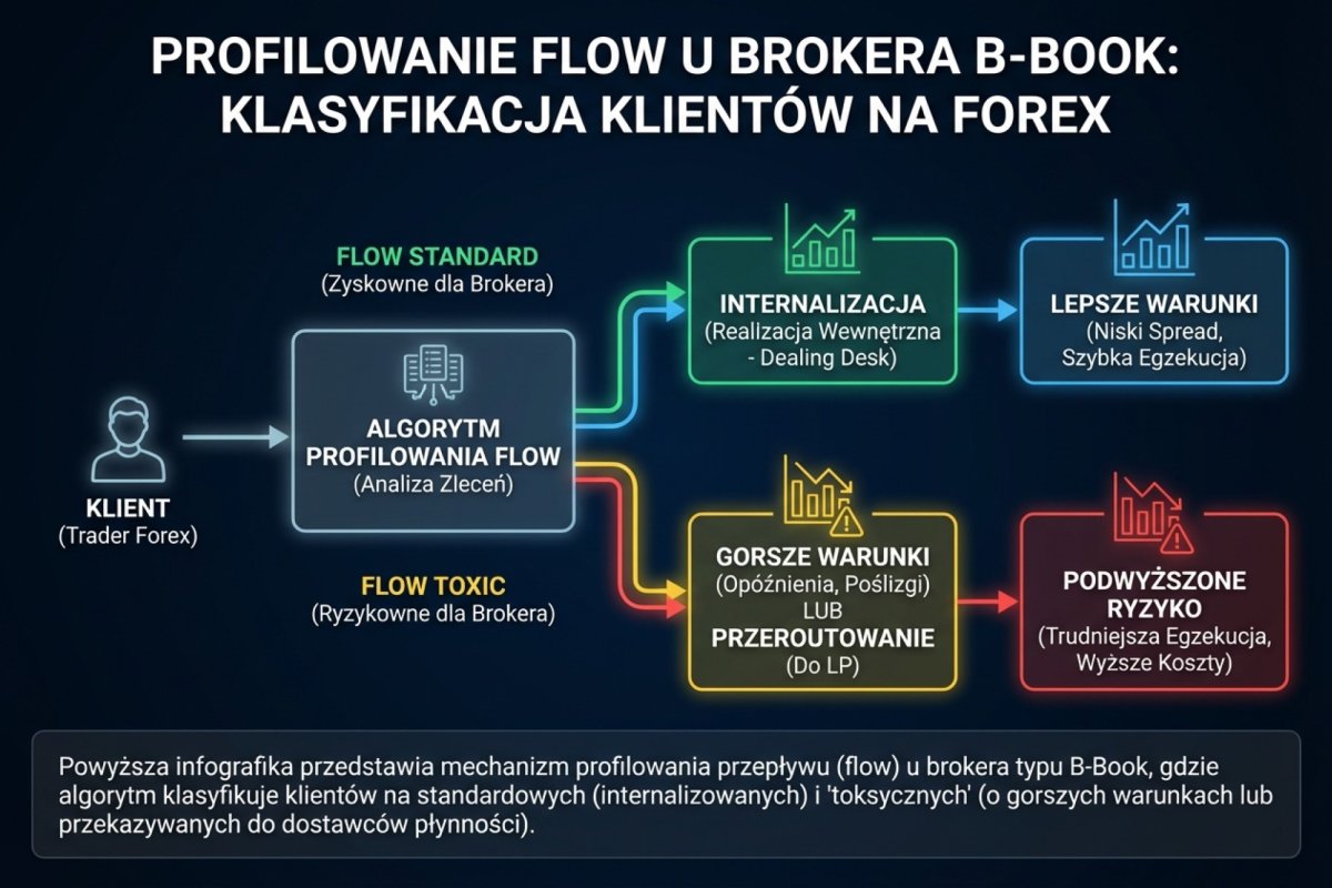Profilowanie flow u brokera B-Book: algorytm klasyfikuje klientów na standard (internalizacja) i toxic (gorsze warunki lub przeroutowanie do LP)