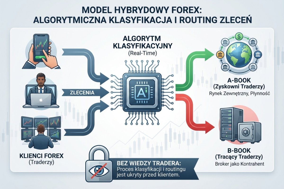 Model hybrydowy: algorytm klasyfikuje klientów w czasie rzeczywistym i routuje zlecenia na B-Book (tracący) lub A-Book (zyskowni) bez wiedzy tradera