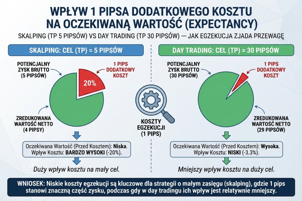 Wpływ 1 pipsa dodatkowego kosztu na expectancy: scalping z TP 5 pipsów vs day trading z TP 30 pipsów — jak egzekucja zjada edge