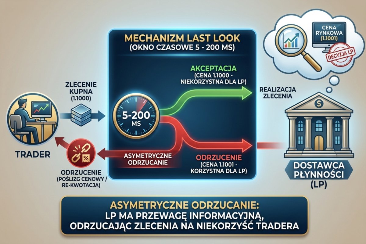 Mechanizm last look: LP ma okno 5-200 ms na odrzucenie zlecenia po zobaczeniu ceny — asymetryczne odrzucanie na niekorzyść tradera