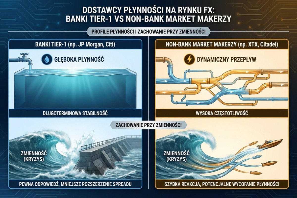 Dostawcy płynności na rynku FX: tier-1 banki (JP Morgan, Citi) vs non-bank market makerzy (XTX, Citadel) — różne profile płynności i zachowania przy zmienności