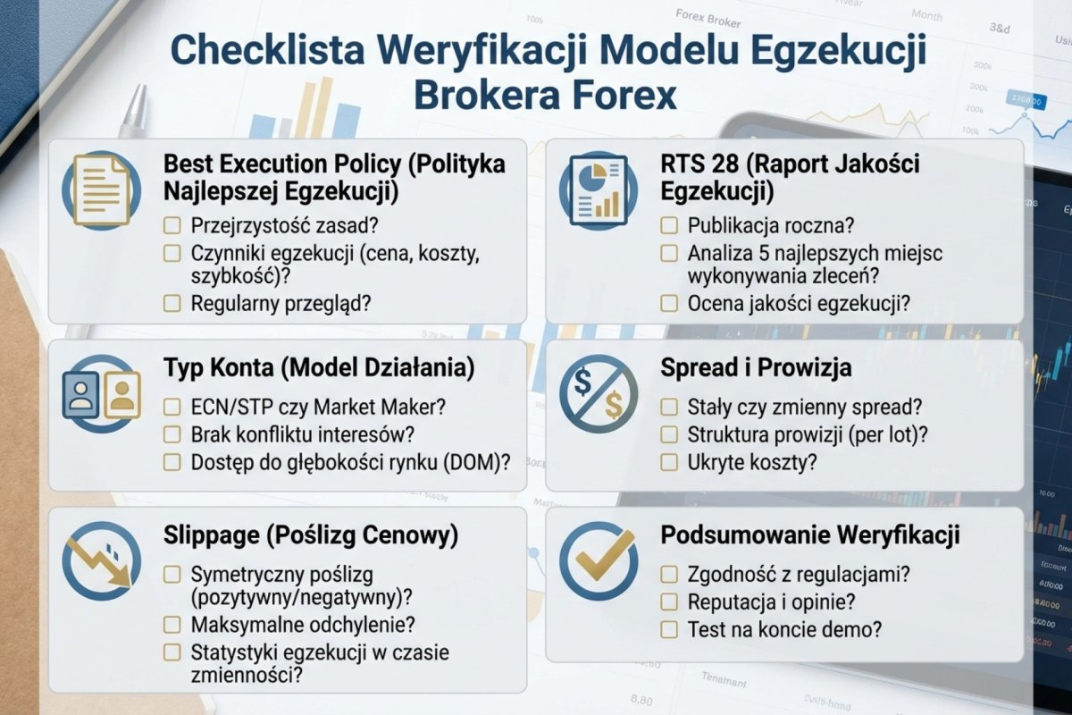 Checklista weryfikacji modelu egzekucji brokera: Best Execution Policy, RTS 28, typ konta, spread, prowizja, slippage