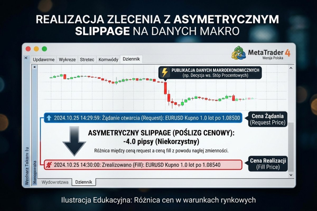 Log z MT4 — realizacja zlecenia z asymetrycznym slippage na danych makro, różnica między ceną request a ceną fill