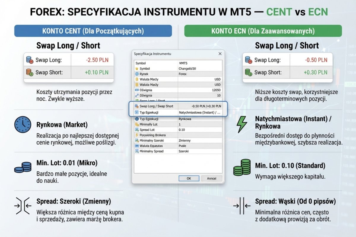 Specyfikacja instrumentu w MT5 — swap long/short, typ egzekucji, minimalny lot i spread na koncie Cent vs ECN