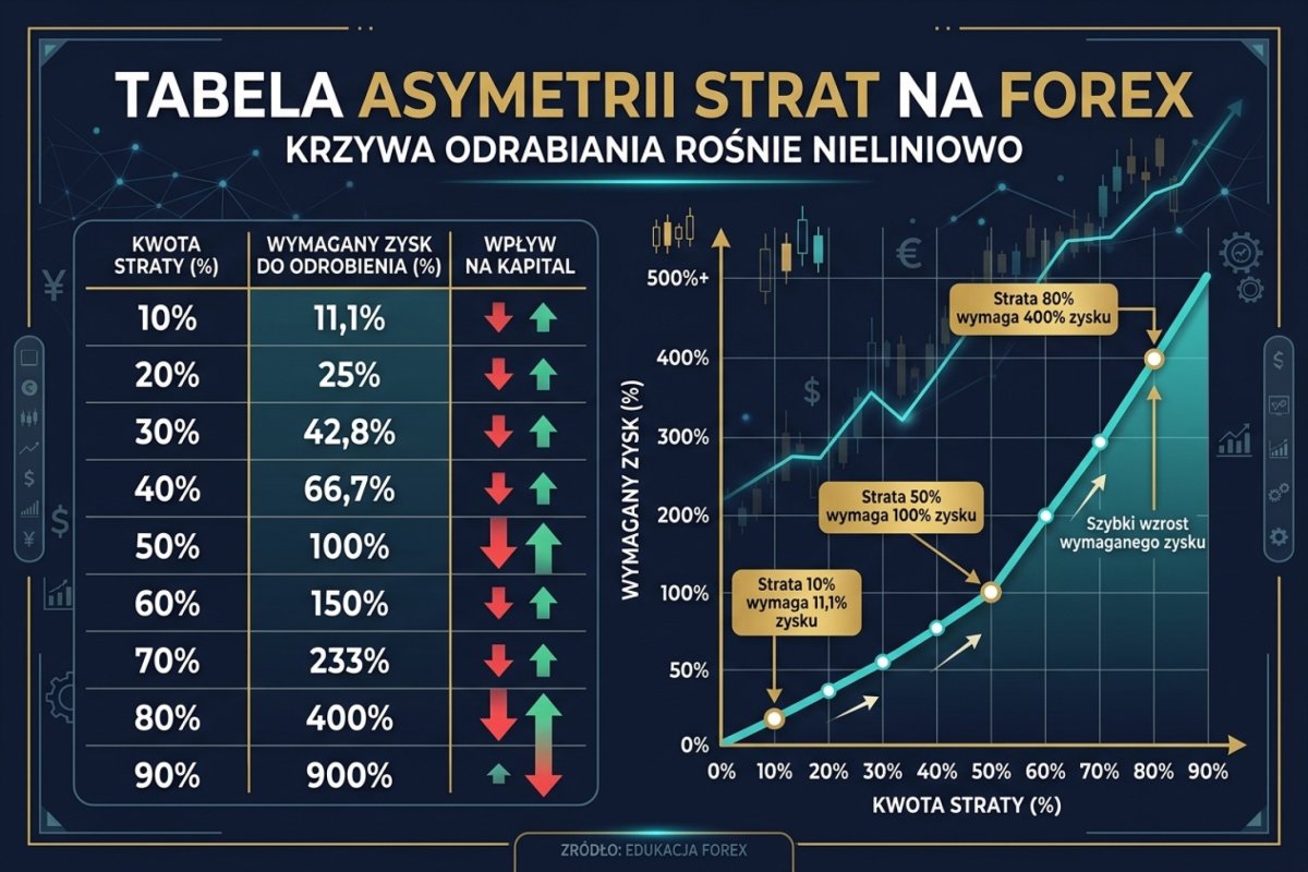 Tabela asymetrii strat na Forex — strata 10% wymaga zysku 11,1% do odrobienia, strata 50% wymaga 100%, strata 80% wymaga 400%. Krzywa odrabiania rośnie nieliniowo