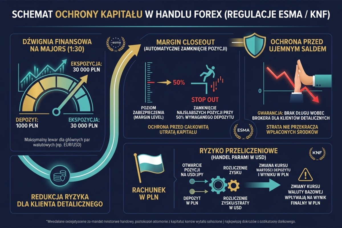 Schemat ochrony kapitału pod regulacją ESMA/KNF — dźwignia 1:30 na majors, Margin Closeout na 50%, ochrona przed ujemnym saldem, rachunek w PLN i ryzyko przeliczeniowe przy handlu parami denominowanymi w USD