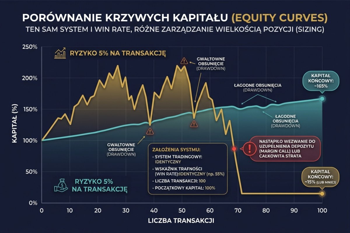 Porównanie dwóch equity curves: ryzyko 1% na transakcję (płynna krzywa z łagodnym drawdownem) vs ryzyko 5% na transakcję (gwałtowne obsunięcia prowadzące do margin call) — ten sam system, ten sam win rate, różny sizing