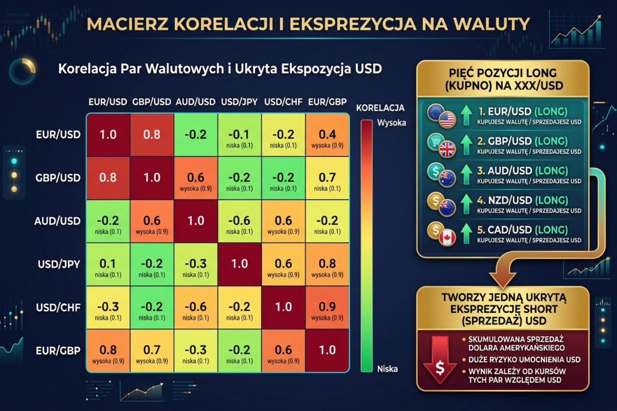 Macierz korelacji sześciu par walutowych (EUR/USD, GBP/USD, AUD/USD, USD/JPY, USD/CHF, EUR/GBP) z heatmapą — kolory od zielonego (niska korelacja) po czerwony (wysoka). Pięć pozycji long na parach XXX/USD tworzy jedną ukrytą ekspozycję short USD