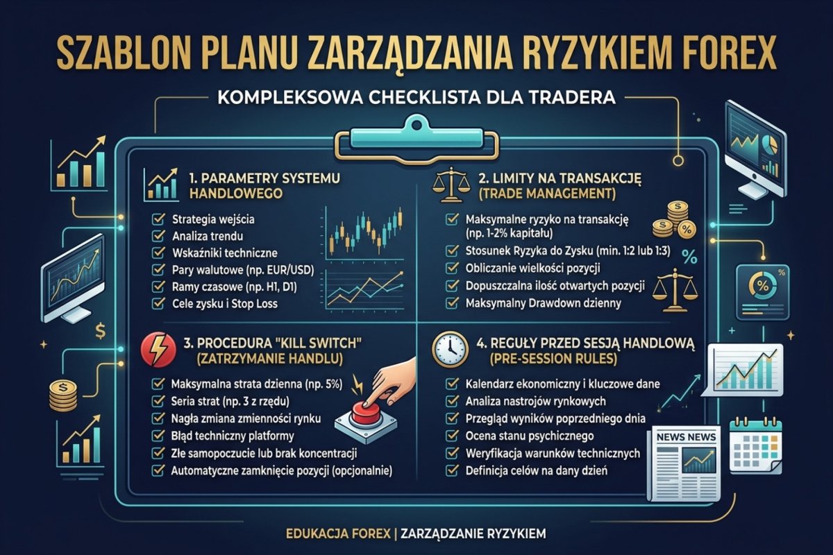 Szablon planu zarządzania ryzykiem — checklista z parametrami systemu, limitami na transakcję, procedurą Kill Switch i regułami przed sesją handlową
