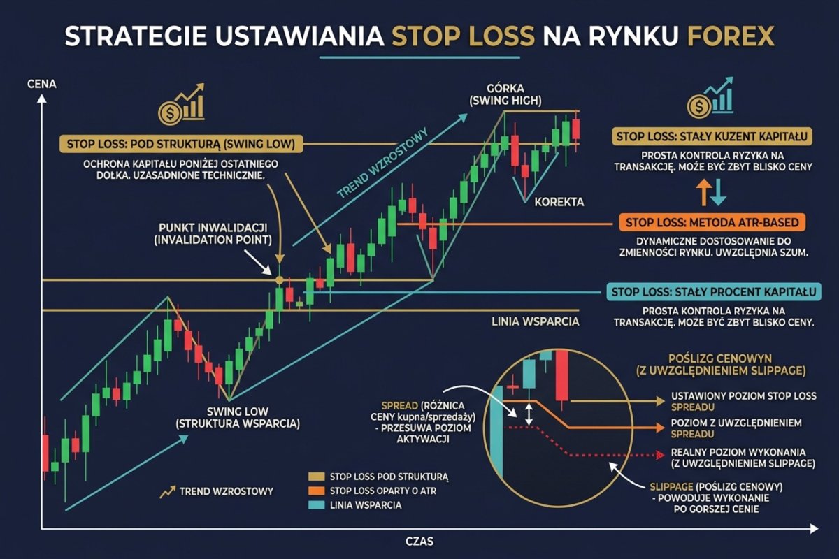 Wykres cenowy z zaznaczonym punktem invalidation — stop loss ustawiony pod strukturą wsparcia (swing low), porównanie z metodą ATR-based i metodą stałego procenta. Spread i slippage przesuwają realny poziom wykonania stopa