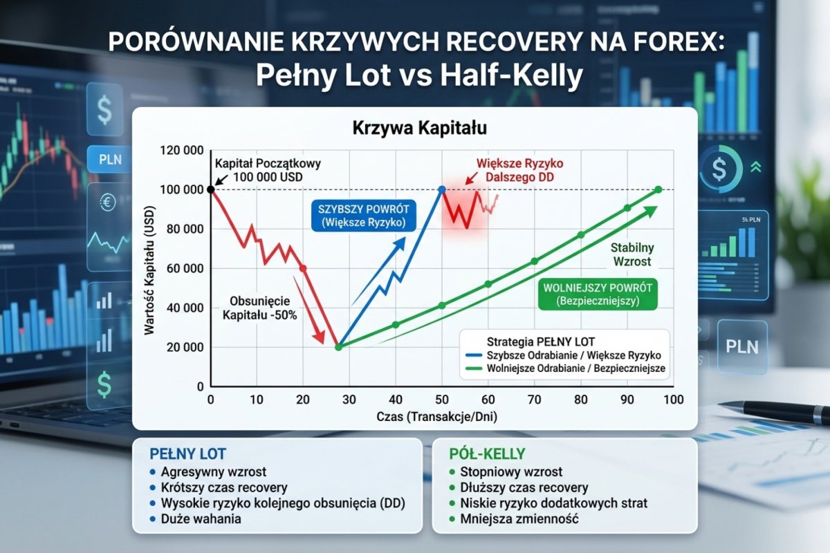 Porównanie krzywych recovery: pełny lot (szybszy, większe ryzyko dodatkowego DD) vs Half-Kelly (wolniejszy, bezpieczniejszy)
