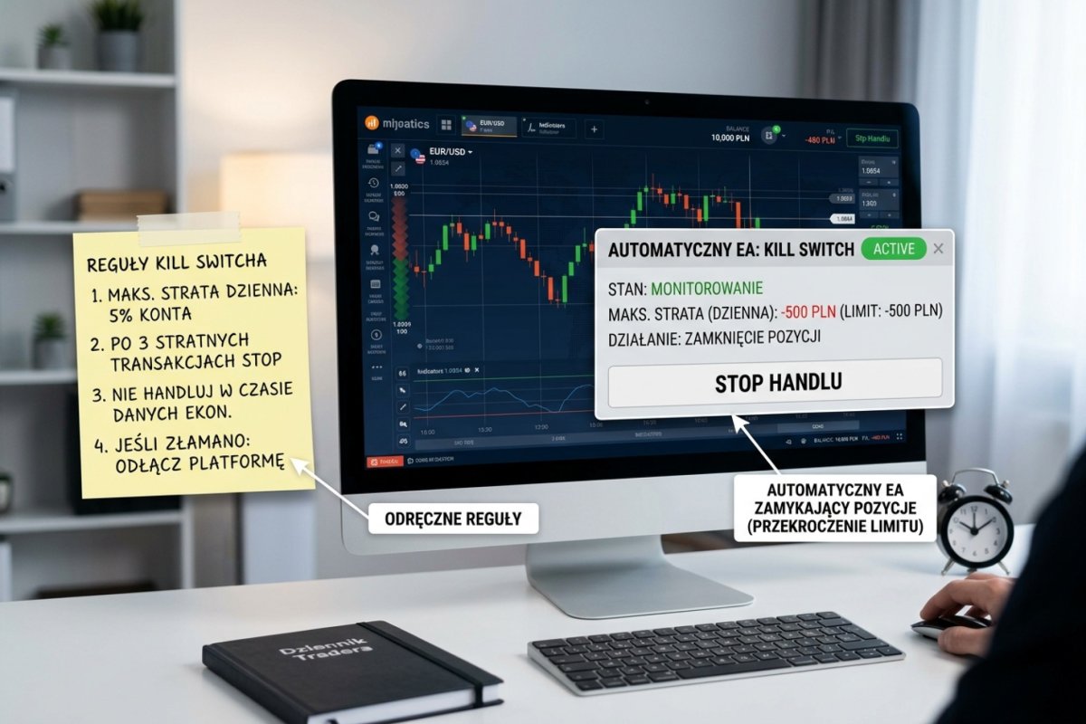 Proceduralny kill switch — kartka z regułami przyklejona obok monitora, automatyczny EA zamykający pozycje po przekroczeniu limitu