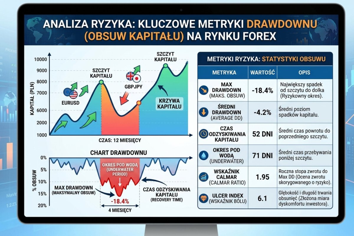 Tabela metryk drawdownu — max DD, average DD, recovery time, underwater period, Calmar ratio i Ulcer Index na przykładowej equity curve