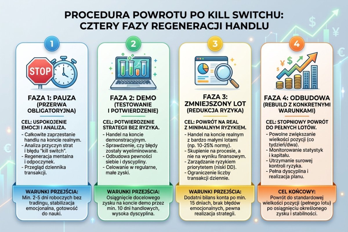 Procedura powrotu po kill switchu — cztery fazy: pauza, demo, reduced lot, rebuild z konkretnymi warunkami przejścia