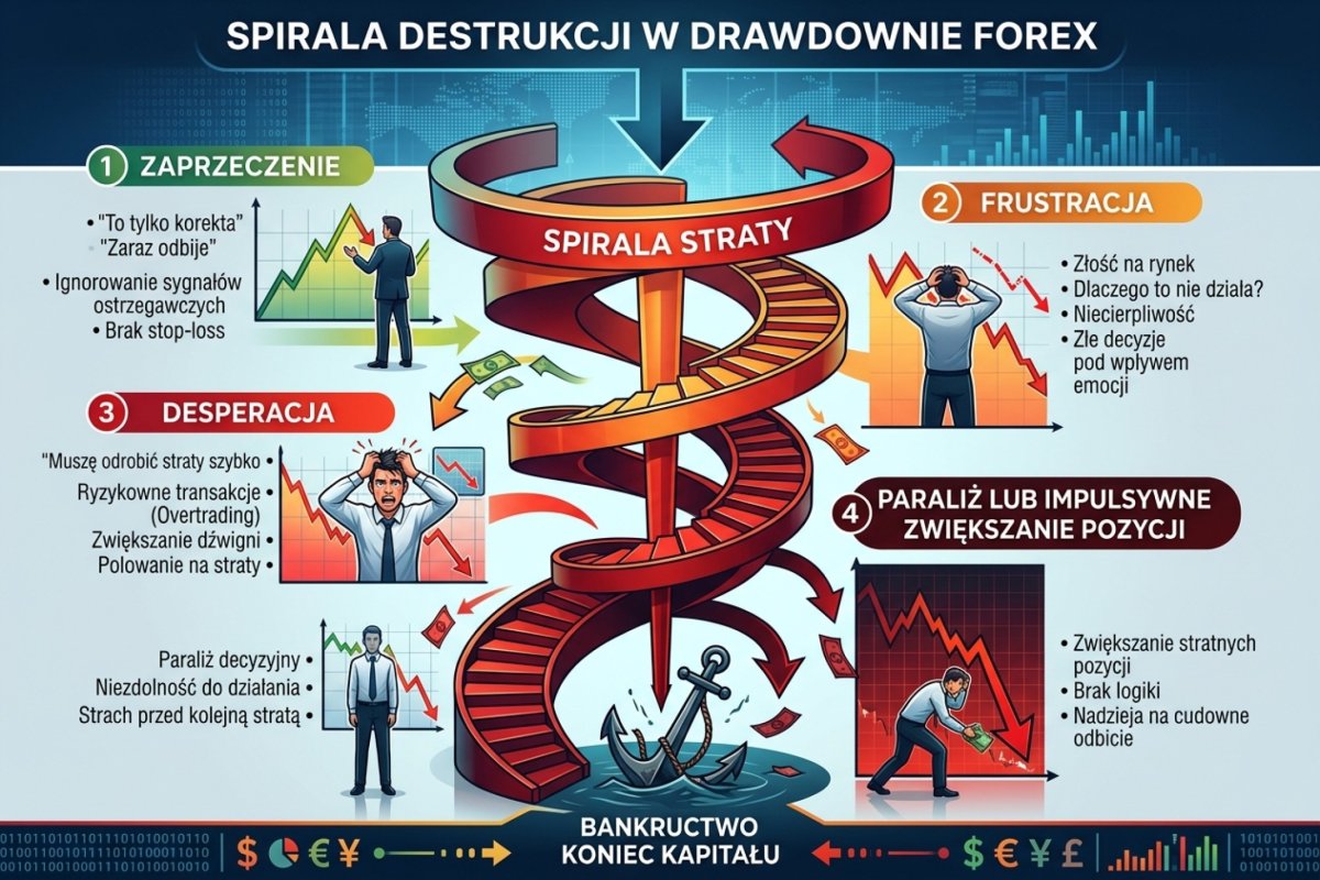 Spirala destrukcji w drawdownie — od zaprzeczenia przez frustrację i desperację do paraliżu lub impulsywnego zwiększania pozycji