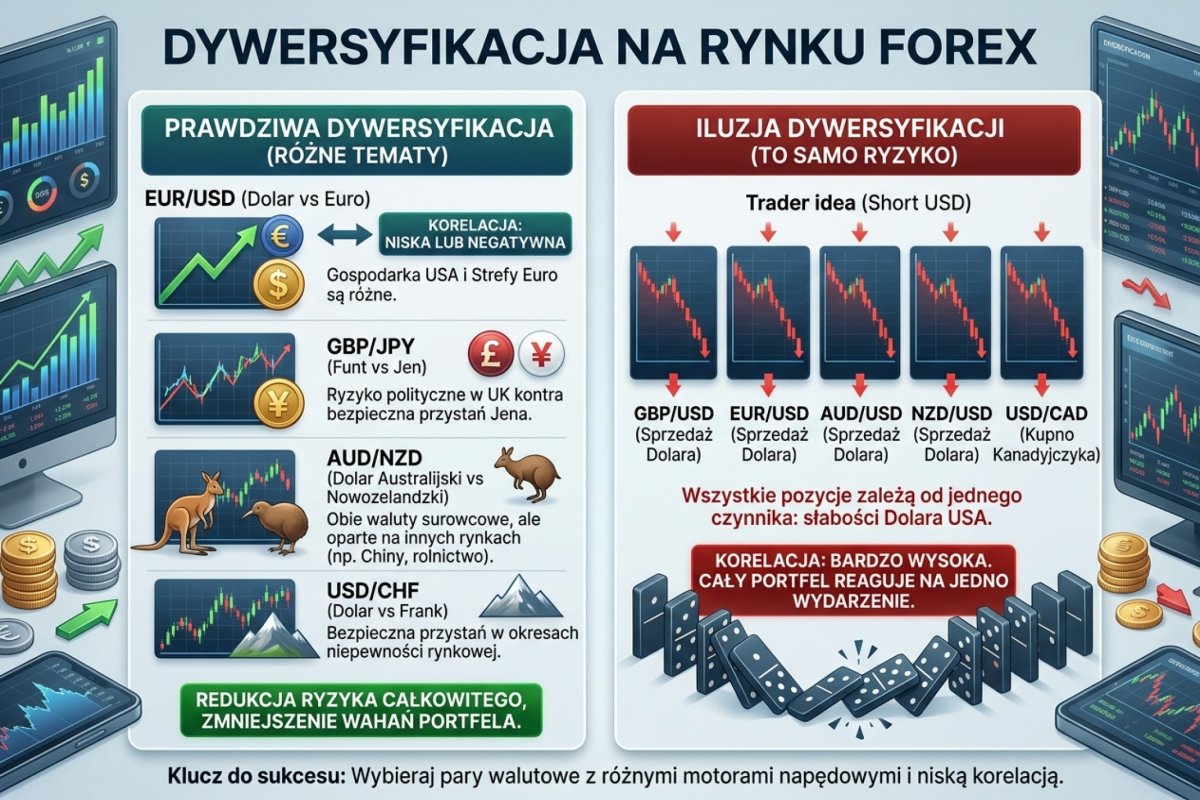 Dywersyfikacja na Forex — prawdziwa (pary z różnych tematów) vs iluzja (5 par z tym samym tematem short USD)