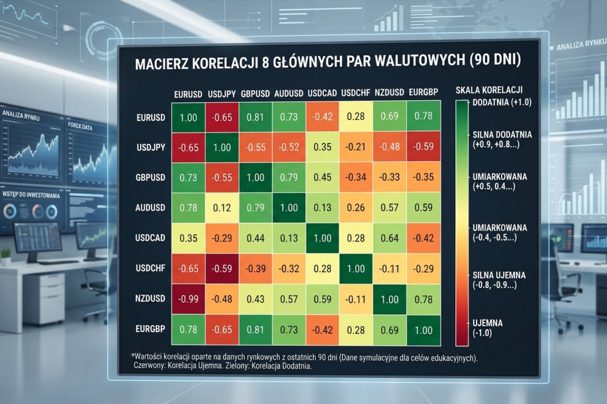 Macierz korelacji 8 głównych par walutowych — heatmapa z wartościami 90-dniowymi, kolory od czerwonego (silna ujemna) do zielonego (silna dodatnia)