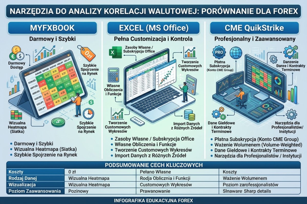 Porównanie narzędzi do analizy korelacji walutowej — Myfxbook (darmowy, heatmapa), Excel (customizacja), CME QuikStrike (profesjonalny, volume-weighted)