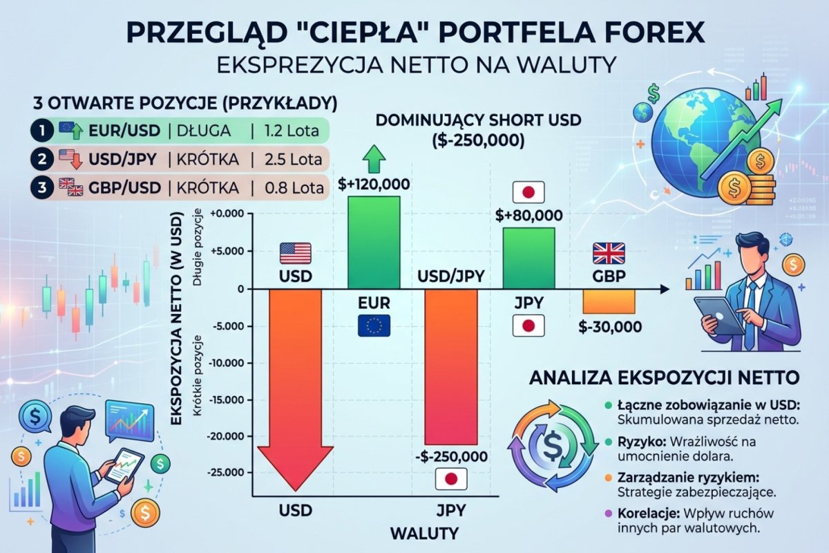 Portfolio heat — ekspozycja netto na waluty przy trzech otwartych pozycjach: dominujący short USD widoczny na diagramie słupkowym
