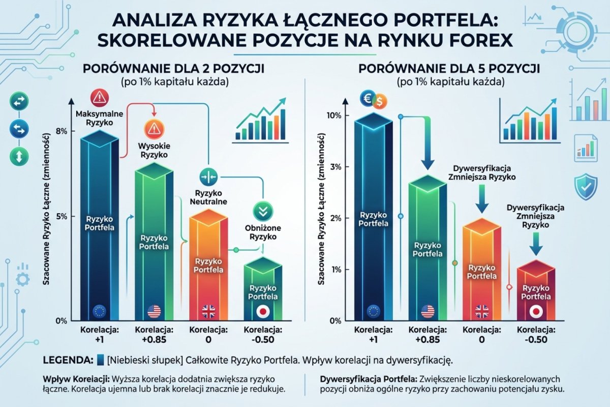 Ryzyko łączne portfela skorelowanych pozycji — wykres porównujący ryzyko przy korelacji +1, +0.85, 0 i -0.50 dla 2 i 5 pozycji po 1%