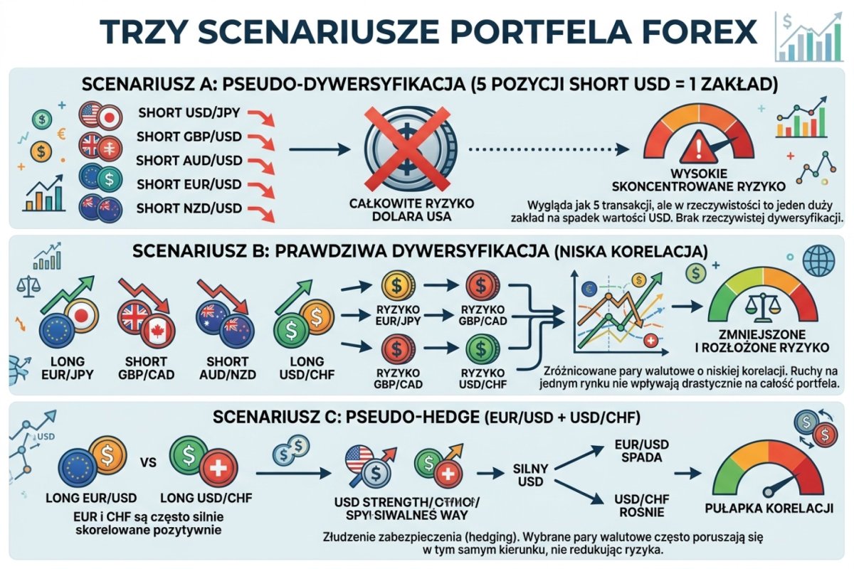 Trzy scenariusze portfela Forex — A: pseudo-dywersyfikacja (5 pozycji short USD = 1 zakład), B: prawdziwa dywersyfikacja (niska korelacja), C: pseudo-hedge (EUR/USD + USD/CHF)