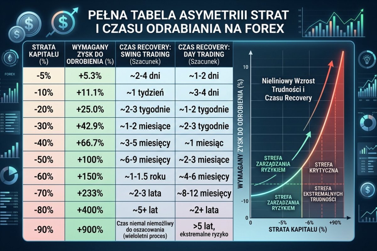 Pełna tabela asymetrii strat od -5% do -90% z czasem odrabiania dla swing i day tradingu — wizualizacja nieliniowego wzrostu trudności recovery