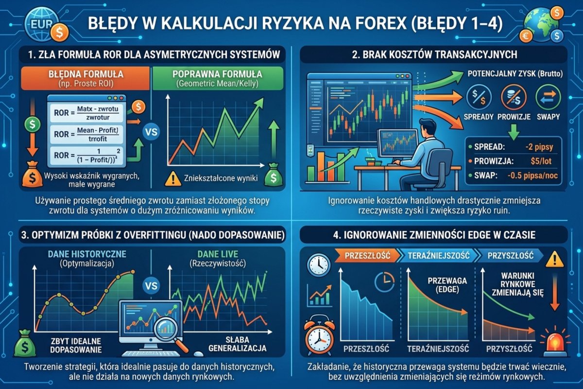 Infografika — Błędy 1–4 w kalkulacji ryzyka: zła formuła RoR dla asymetrycznych systemów, brak kosztów transakcyjnych, optymizm próbki z overfittingu, ignorowanie zmienności edge w czasie