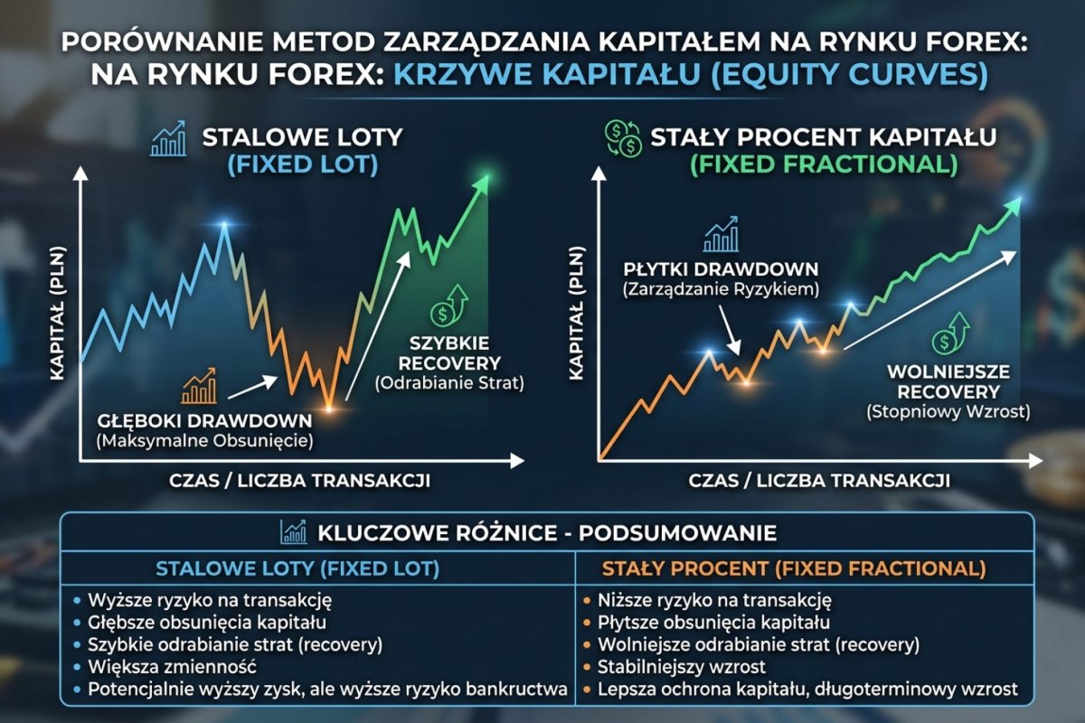 Porównanie dwóch realnych equity curve: fixed lot (szybsze recovery, ale głębszy drawdown) vs fixed fractional (wolniejsze recovery, ale płytszy drawdown i lepsza ochrona kapitału)
