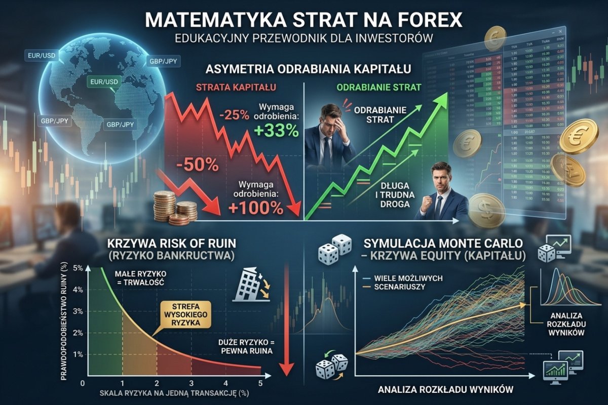 Matematyka strat na Forex — asymetria odrabiania kapitału, krzywa Risk of Ruin i symulacja Monte Carlo equity curve