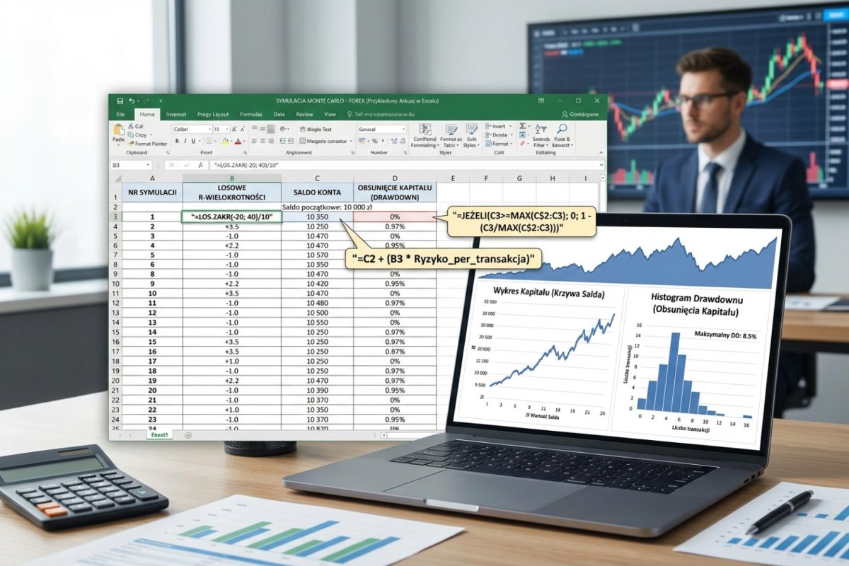 Przykładowy arkusz Monte Carlo w Excelu — kolumny: numer symulacji, losowe R-multiple, saldo, drawdown. Widoczne formuły RANDBETWEEN i IF.