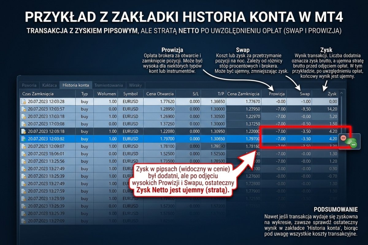 Zrzut ekranu z zakładki Historia konta w MT4 — transakcja z zyskiem pipsowym (kolumna Profit na plusie), ale stratą netto po uwzględnieniu kolumn Swap i Commission. Zaznaczone na czerwono.