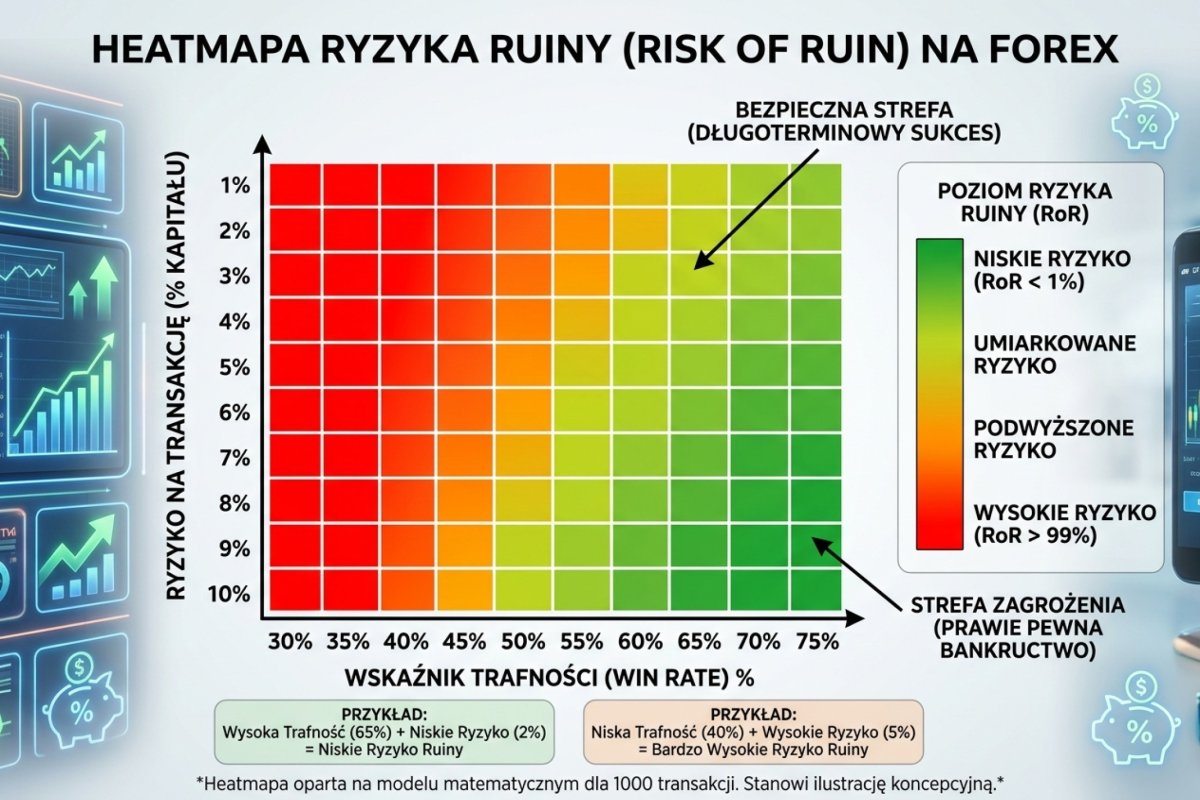 Heatmapa Risk of Ruin — kolory od zielonego (niskie RoR) przez żółty do czerwonego (wysokie RoR) dla różnych kombinacji win rate i ryzyka na transakcję
