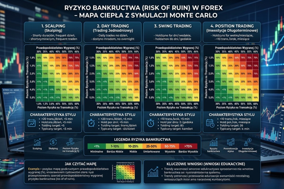 Heatmapa Risk of Ruin z symulacji Monte Carlo — 4 profile systemów (scalping, day trading, swing, position) przy różnych poziomach ryzyka