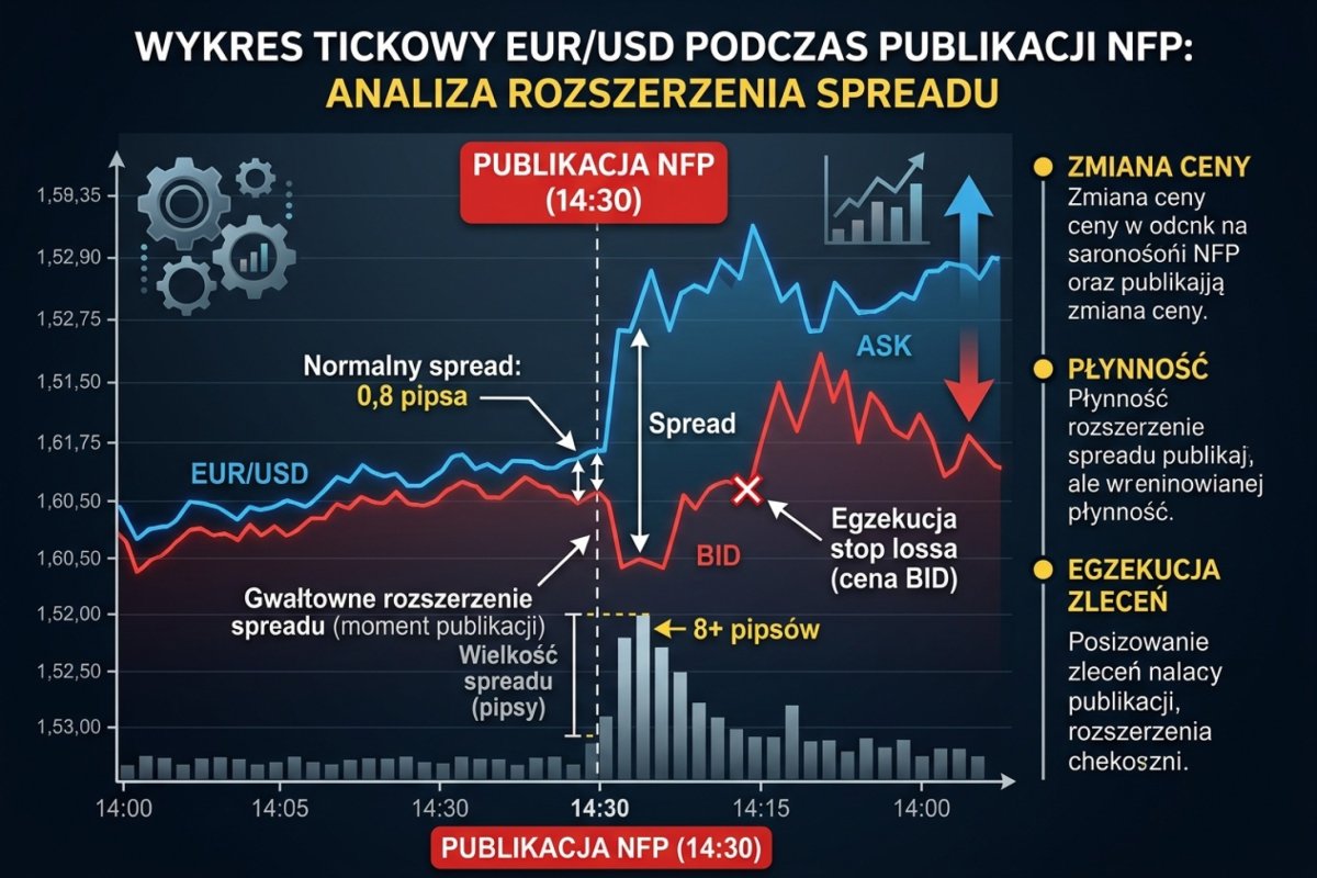 Wykres tickowy EUR/USD podczas publikacji NFP — widoczne gwałtowne rozszerzenie spreadu z 0,8 do 8+ pipsów w ciągu sekund, z zaznaczonym momentem egzekucji stop lossa