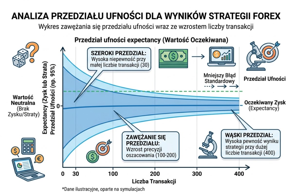 Wykres przedziału ufności expectancy w funkcji liczby transakcji — od bardzo szerokiego przy 30 transakcjach do wąskiego przy 400