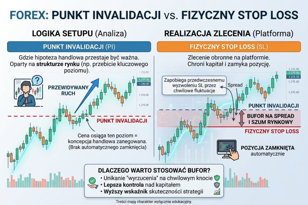 Różnica między punktem invalidation (logika setupu) a fizycznym Stop Lossem (zlecenie w platformie) — bufor na spread i noise
