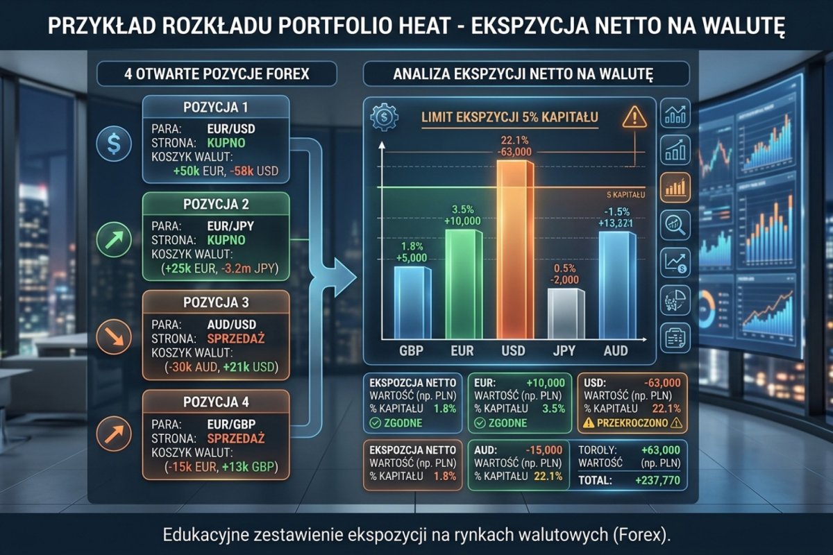 Przykład rozkładu portfolio heat — ekspozycja netto na walutę z 4 otwartych pozycji, z limitem 5% na jedną walutę