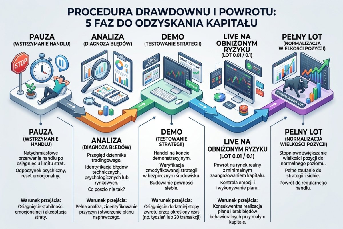 Procedura drawdownu i powrotu — 5 faz: pauza, analiza, demo, live na obniżonym ryzyku, pełny lot — z warunkami przejścia między fazami
