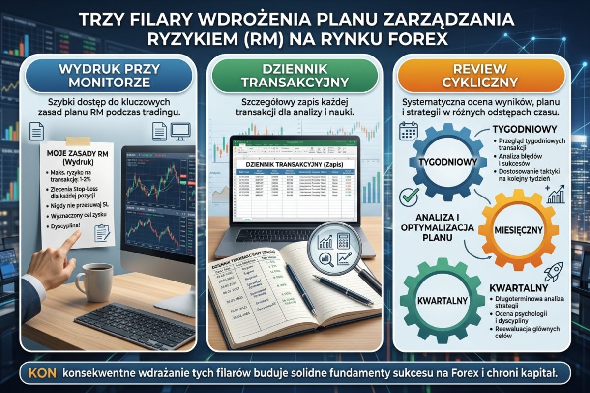 Trzy filary wdrożenia planu RM — wydruk przy monitorze, dziennik transakcyjny i review cykliczny (tygodniowy, miesięczny, kwartalny)