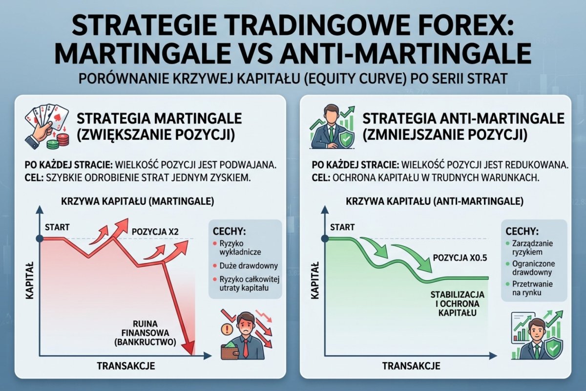 Anti-martingale vs martingale — porównanie equity curve po serii strat: anti-martingale zmniejsza pozycję i stabilizuje kapitał, martingale zwiększa i prowadzi do ruiny