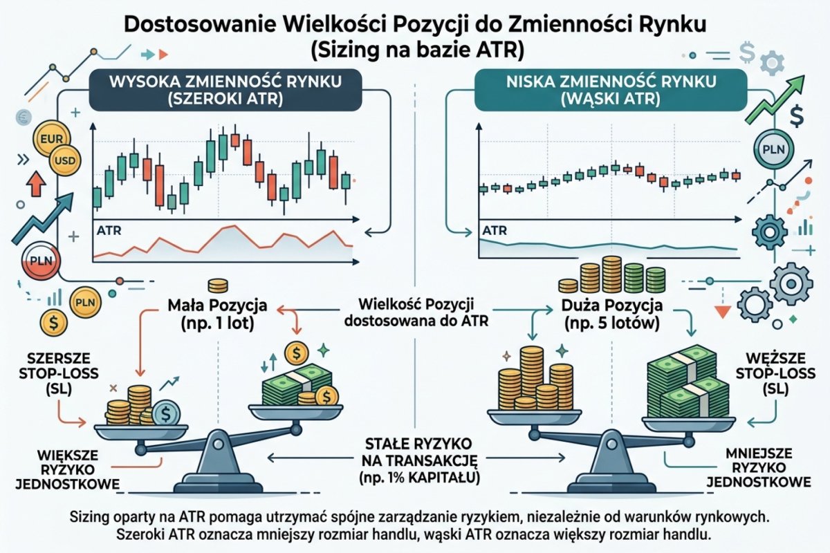 Sizing ATR-based — wizualizacja adaptacji wielkości pozycji do zmienności: szerszy ATR = mniejsza pozycja, węższy ATR = większa pozycja