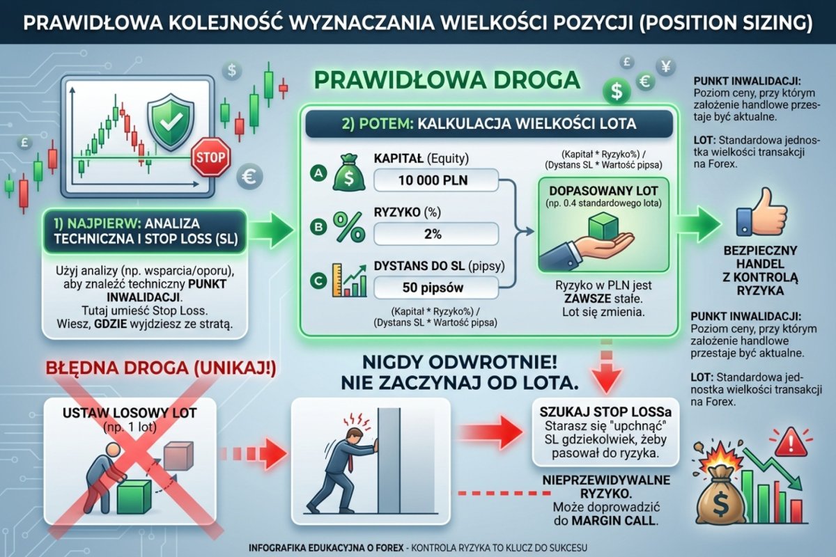 Prawidłowa kolejność position sizing: 1) punkt invalidacji wyznacza SL, 2) SL + equity + risk% wyznacza lot. Nigdy odwrotnie