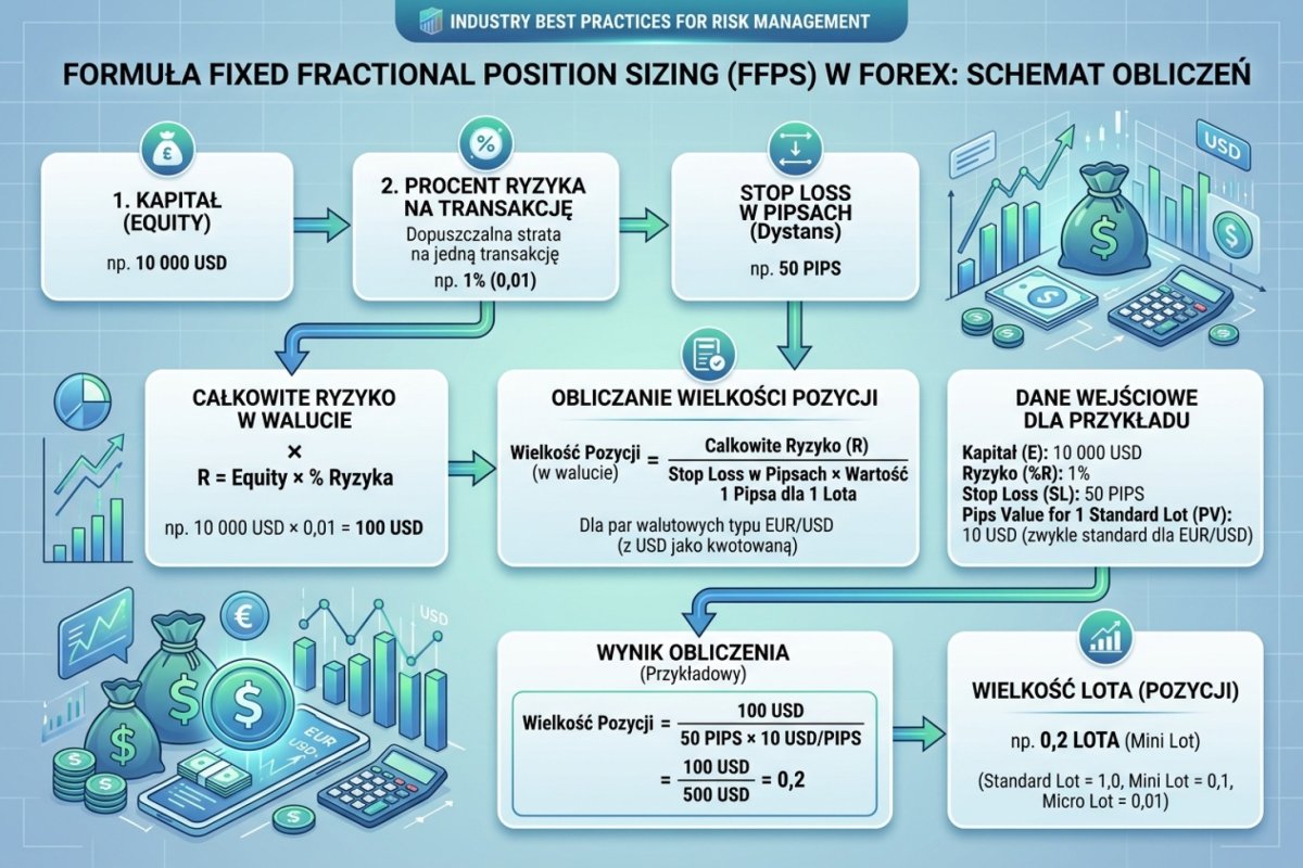 Formuła fixed fractional position sizing — schemat obliczeń od equity przez procent ryzyka do wielkości lota z przykładem liczbowym
