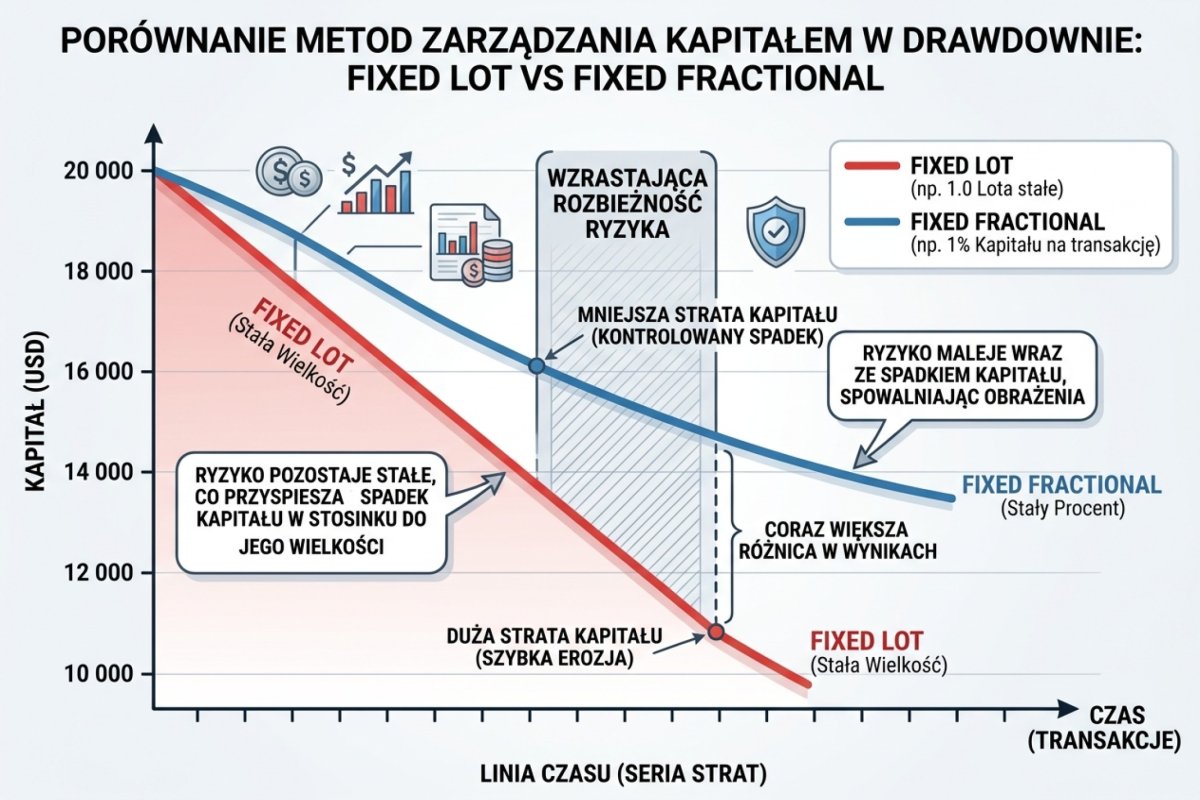 Porównanie fixed lot vs fixed fractional w drawdownie — wykres equity curve pokazujący narastającą rozbieżność ryzyka przy malejącym kapitale