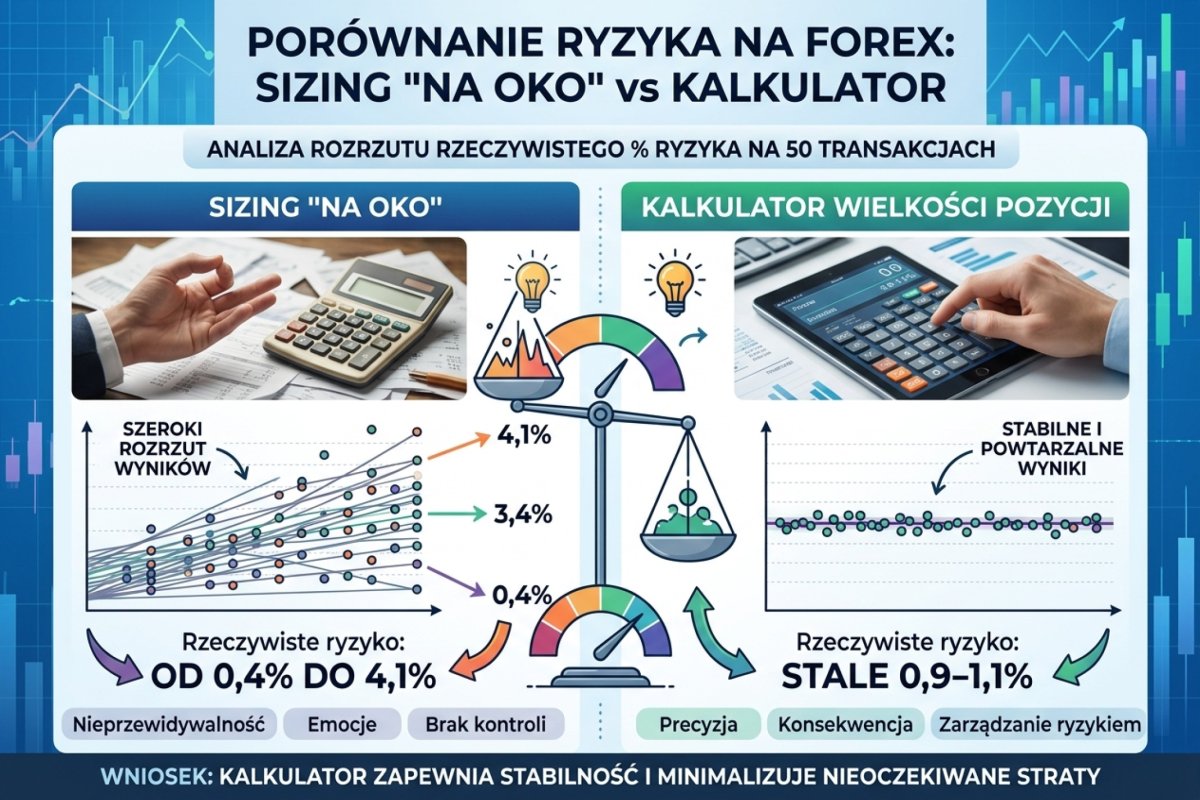 Porównanie ryzyka przy sizing na oko vs kalkulator — rozrzut rzeczywistego % ryzyka na 50 transakcjach: na oko od 0,4% do 4,1%, kalkulator stale 0,9-1,1%